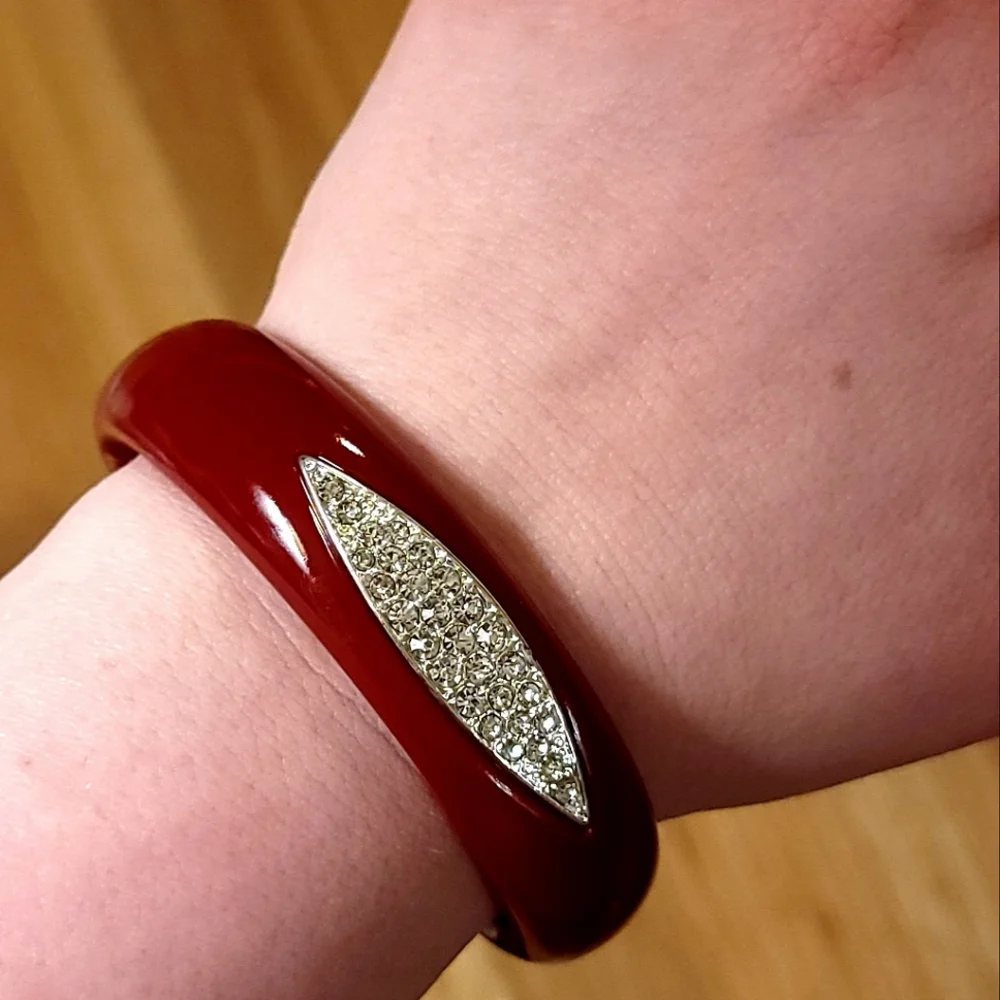 Red Lucite Pave Accent Bangle Bracelet Rouge Red Bracelet Accent Diamond Pave